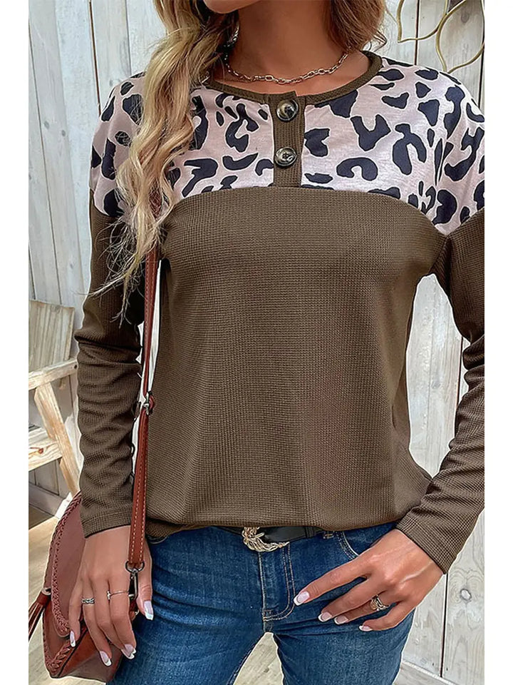 Henley Neck Leopard Printing Blocked