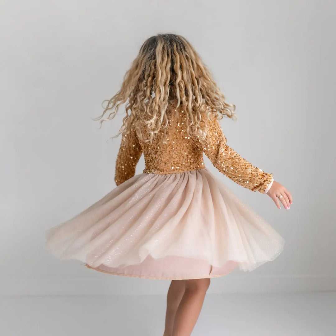 Kids Sequin Champagne Holiday Fancy Sparkle Tulle Dress