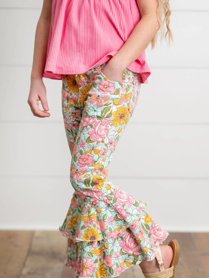 Kids Flower Double Ruffle Denim Jeans