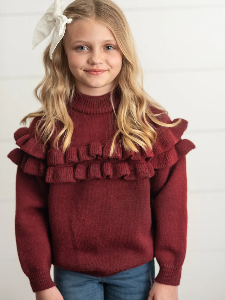 Kids Double Ruffle Crew Neck Fall Winter Sweater
