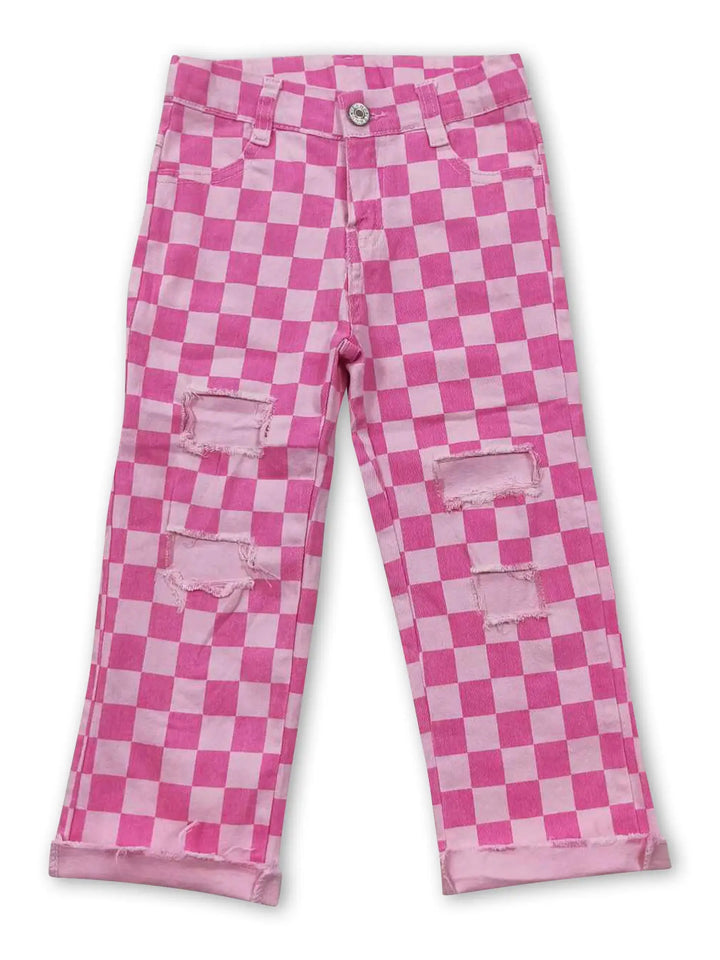 Pink Checked Hole Baby Girls Jeans