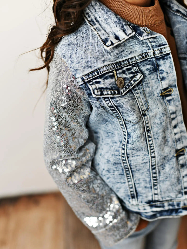 Kids Silver Sequin & Light Wash Denim Button Pocket Jacket