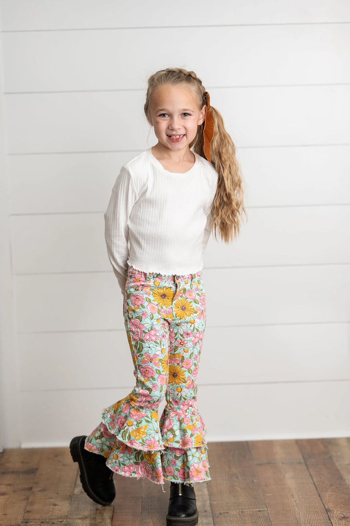 Kids Flower Double Ruffle Denim Jeans