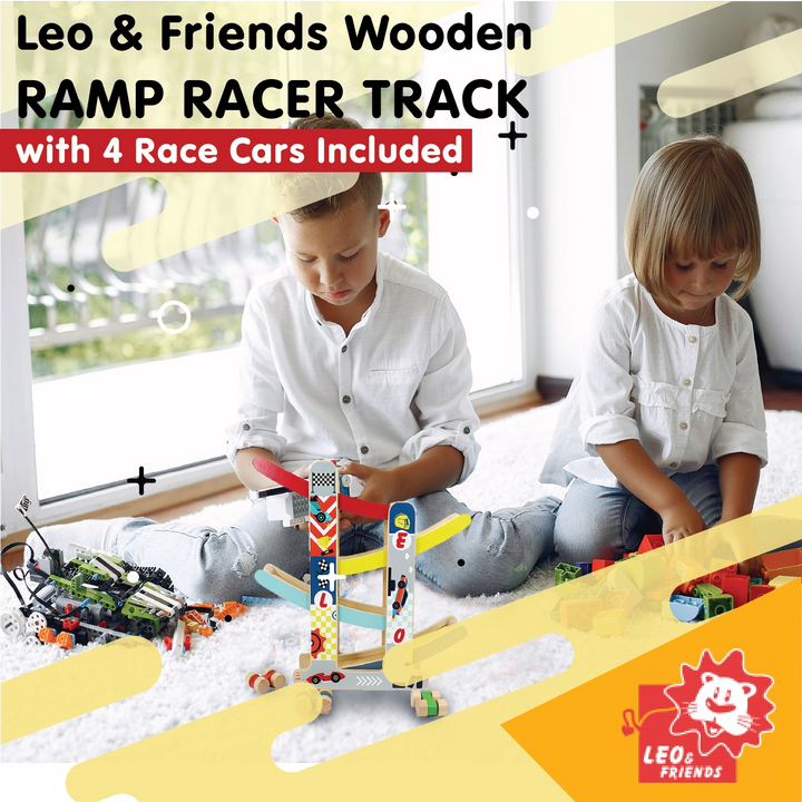Wooden Ramp Racer Track with 4 Race Cars