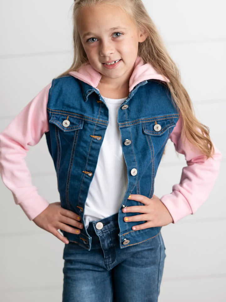 Kids Pink Hooded Denim Button Fall Winter Jacket