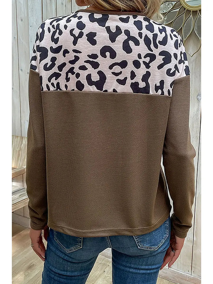 Henley Neck Leopard Printing Blocked