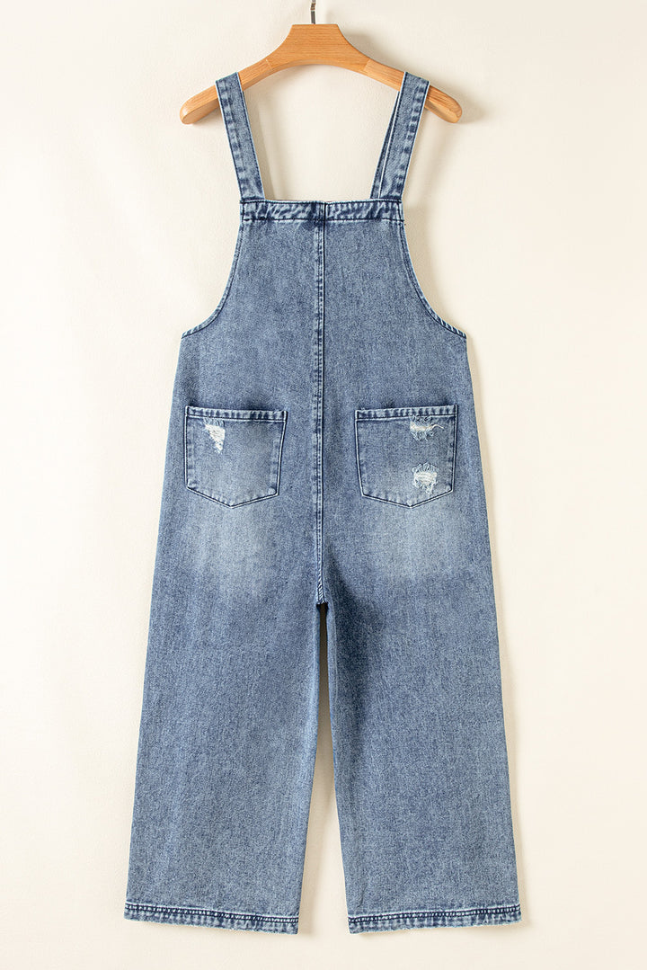 Distressed Pocketed Wide Leg Capri Denim Overall
