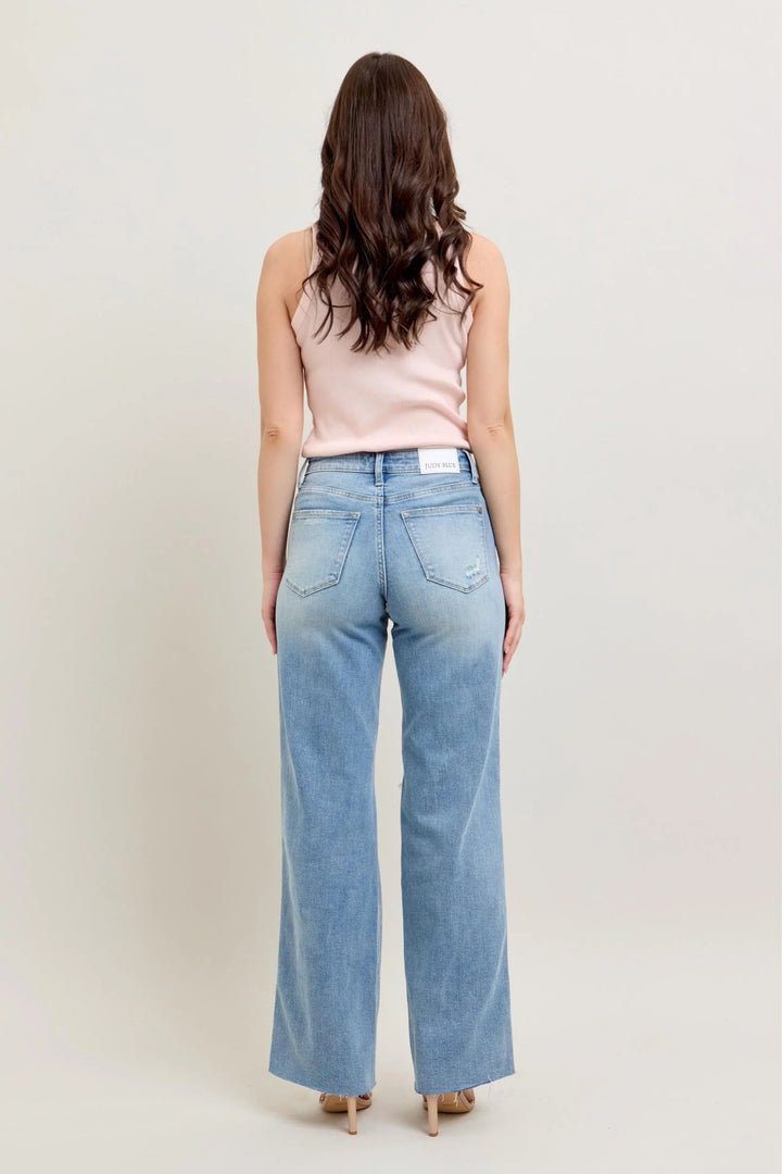 Judy Blue Mid Rise Tummy Control & Distressed Wide Leg Jeans