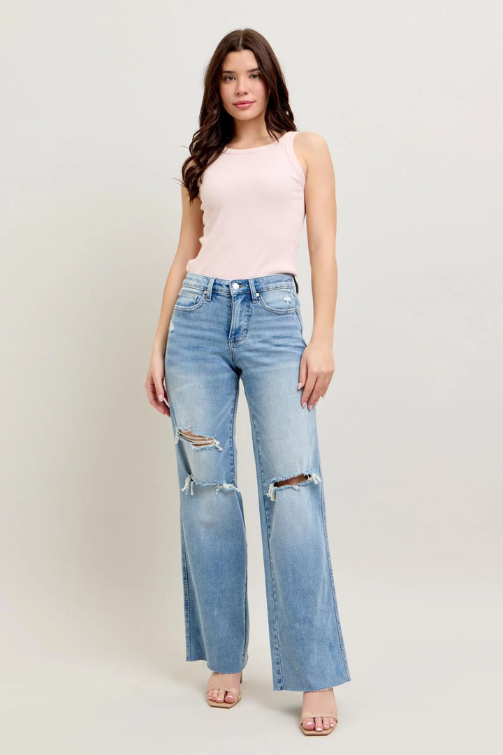 Judy Blue Mid Rise Tummy Control & Distressed Wide Leg Jeans