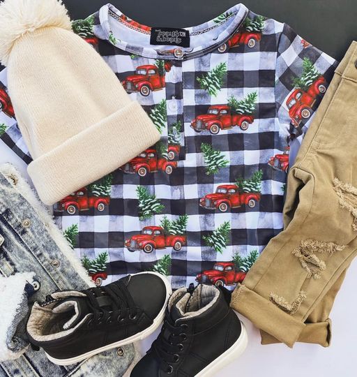 Boys Christmas Truck Button T Shirt
