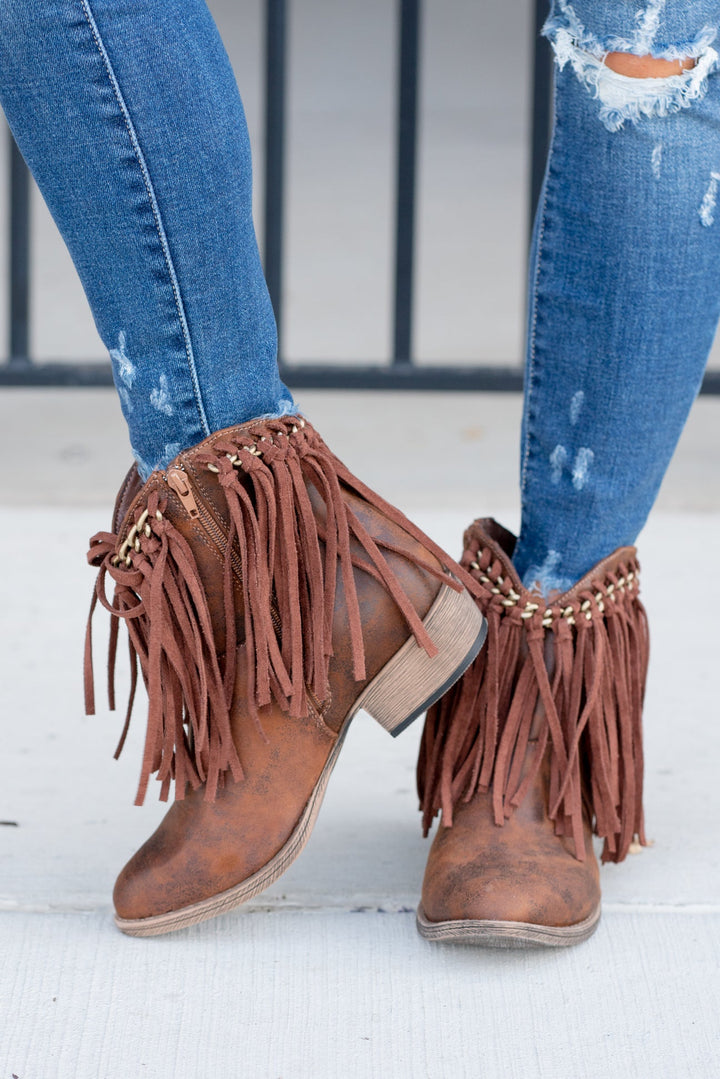 Very G Juno Brown Fringe Booties