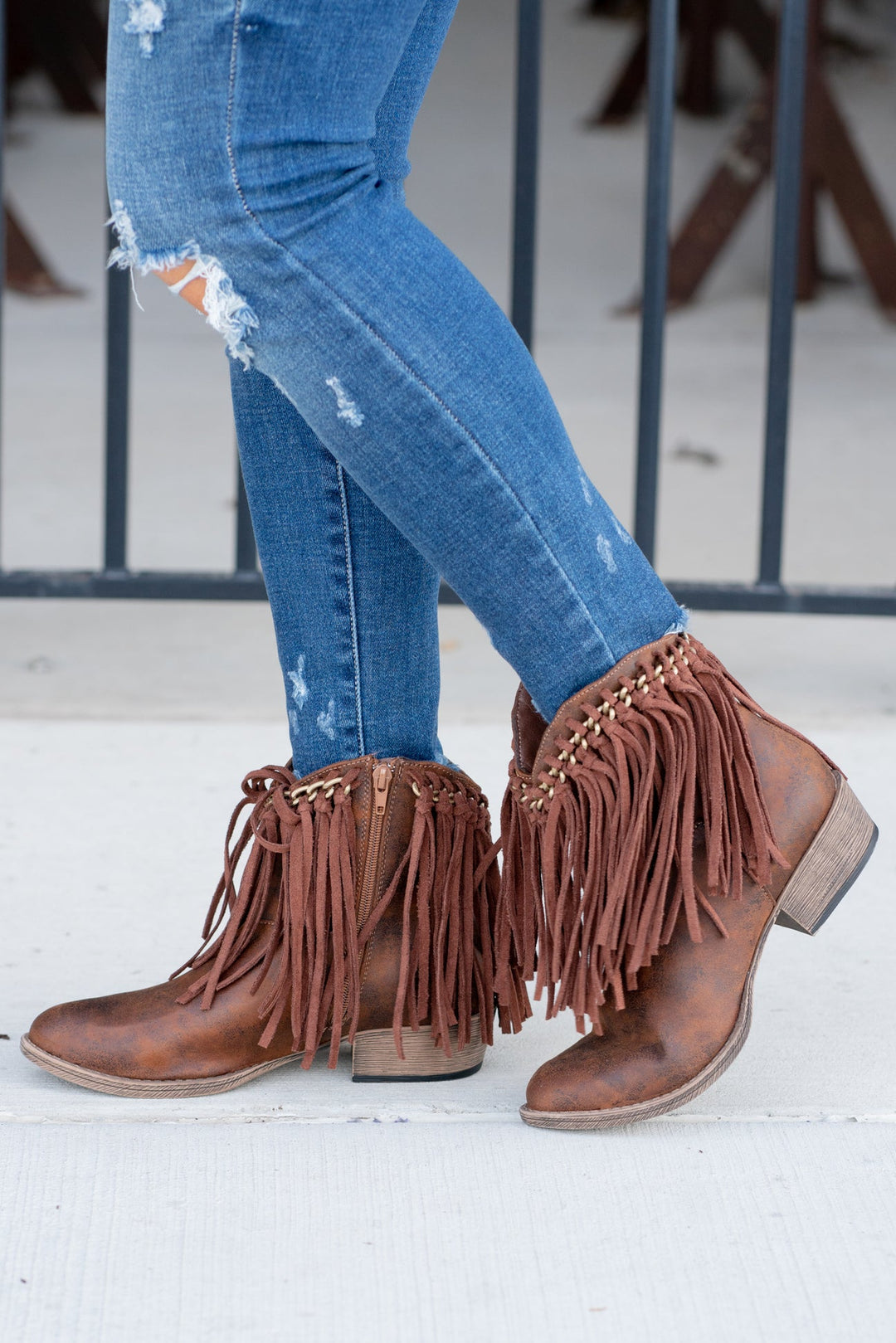 Very G Juno Brown Fringe Booties