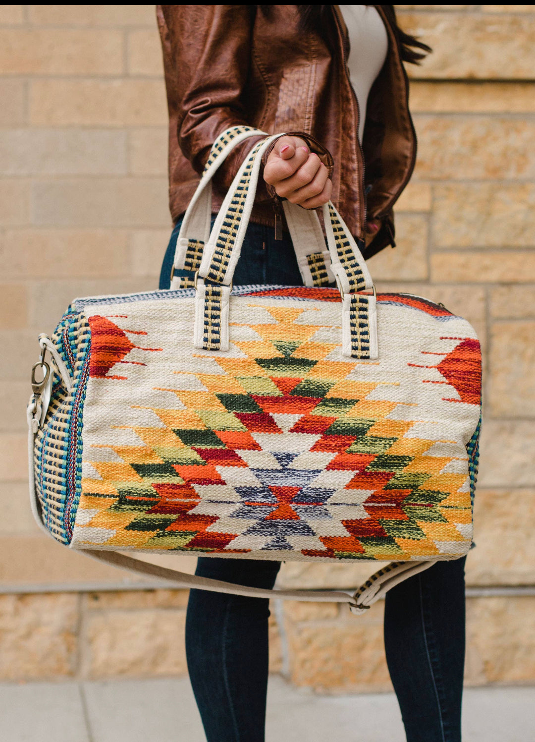 Tan & Multicolored Aztec Duffel